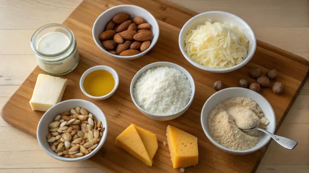An assortment of keto-friendly ingredients including almond flour, coconut oil, and cheddar cheese on a wooden counter.