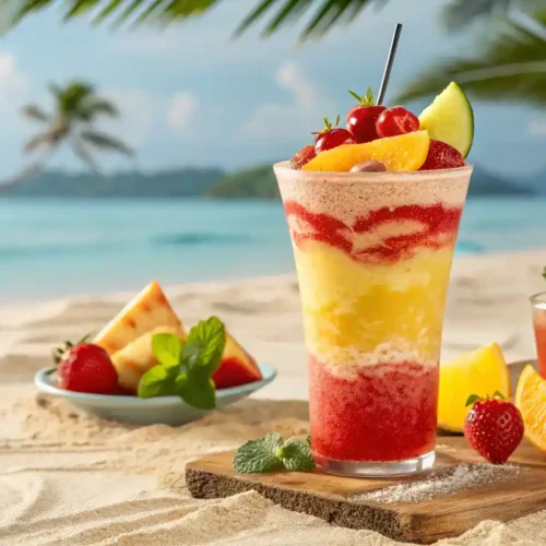 A vibrant Lava Flow drink with colorful layers and tropical garnishes.