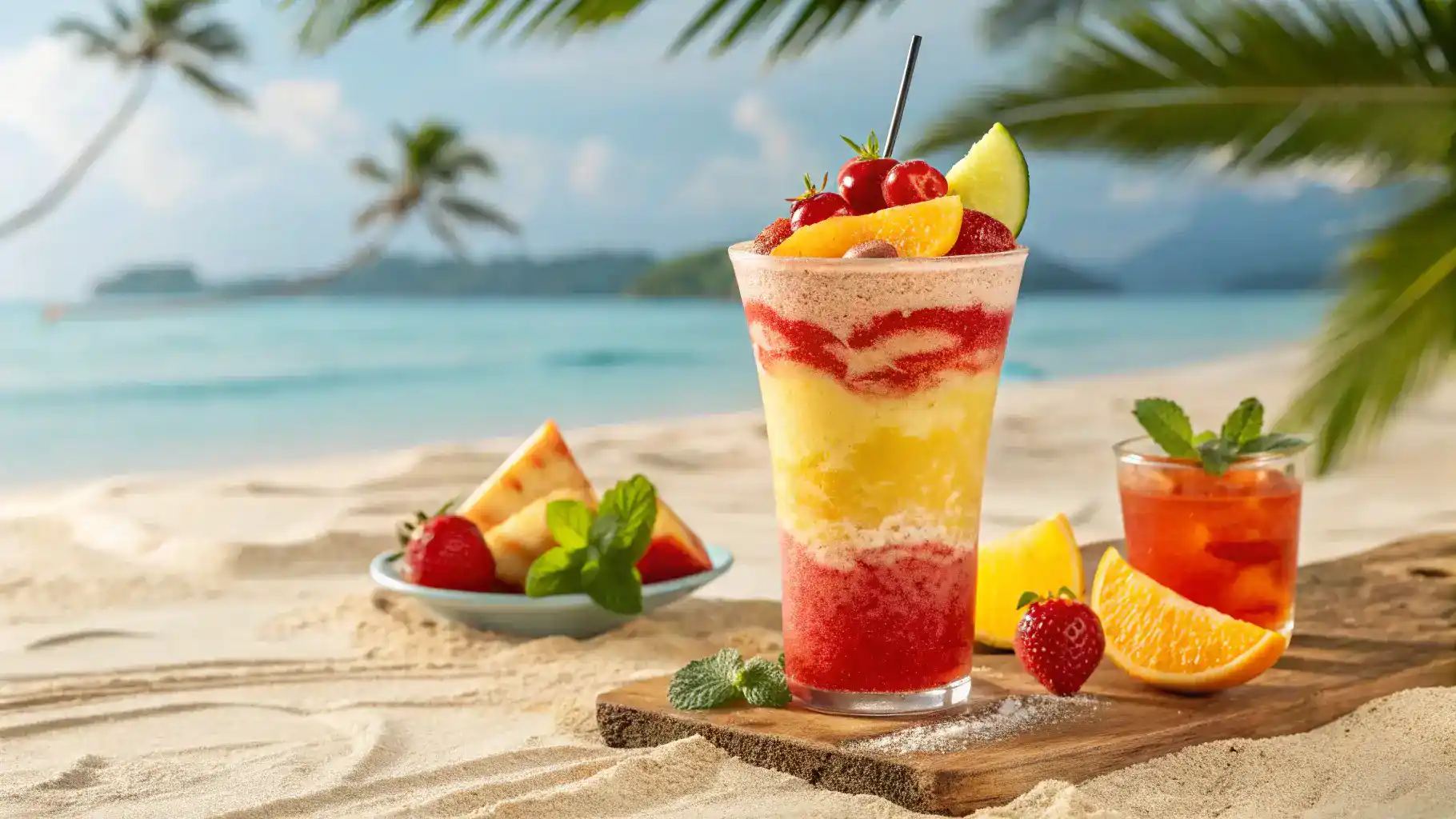 A vibrant Lava Flow drink with colorful layers and tropical garnishes.