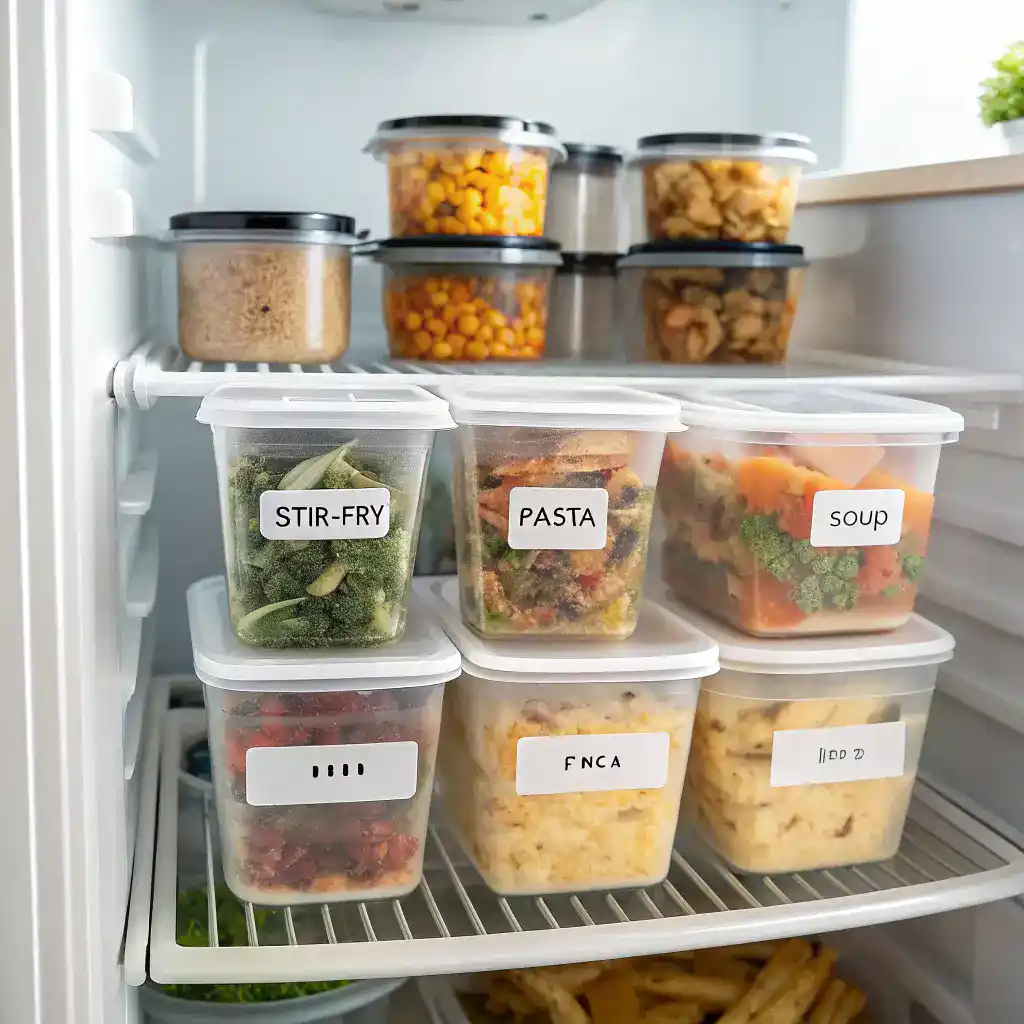 A refrigerator filled with labeled containers of leftovers.
