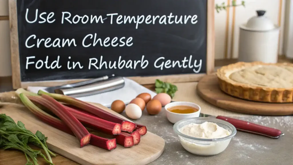 Pro tips for making rhubarb cheesecake displayed on a chalkboard.