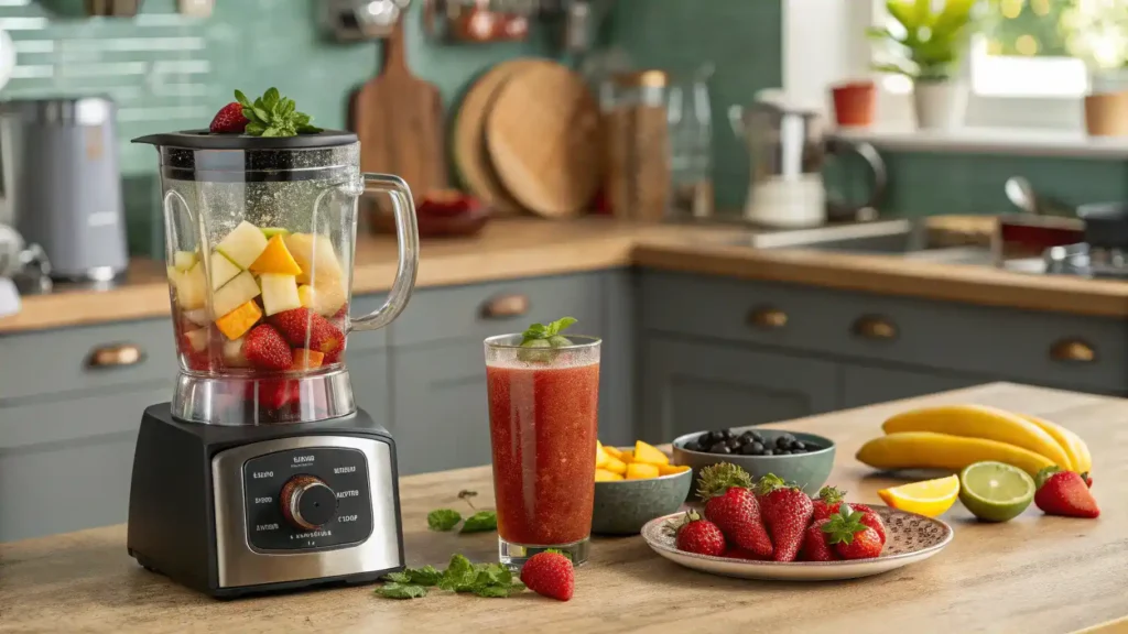 Kitchen scene with blender and ingredients for Lava Flow recipe.