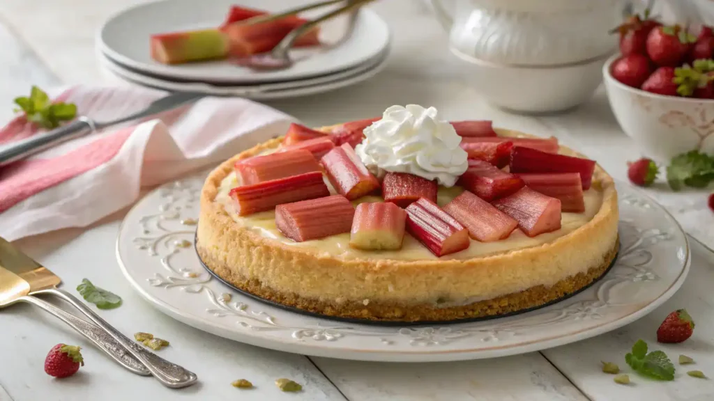A beautifully plated rhubarb cheesecake garnished with fresh rhubarb and whipped cream.