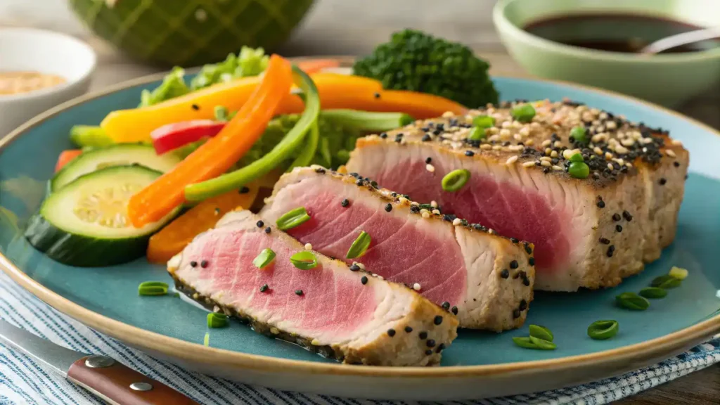 A beautifully plated seared ahi tuna steak garnished with sesame seeds and green onions.