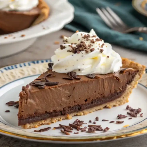 A slice of Old Fashioned Chocolate Pie served with whipped cream and chocolate shavings.