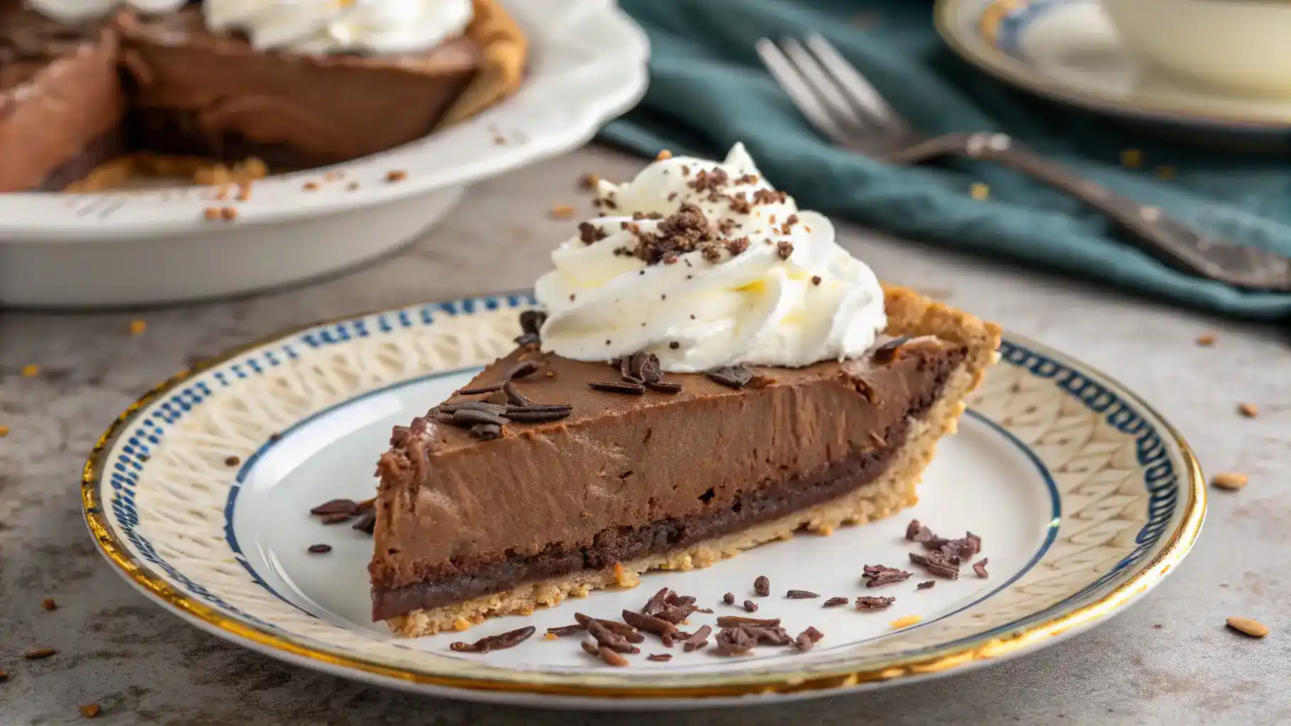 A slice of Old Fashioned Chocolate Pie served with whipped cream and chocolate shavings.