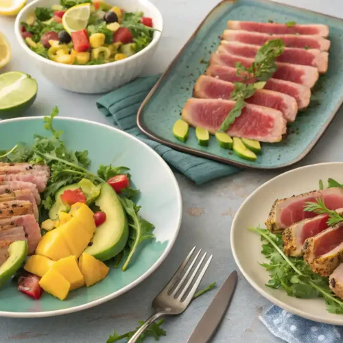 Serving suggestions for seared ahi tuna, including salads and garnishes.