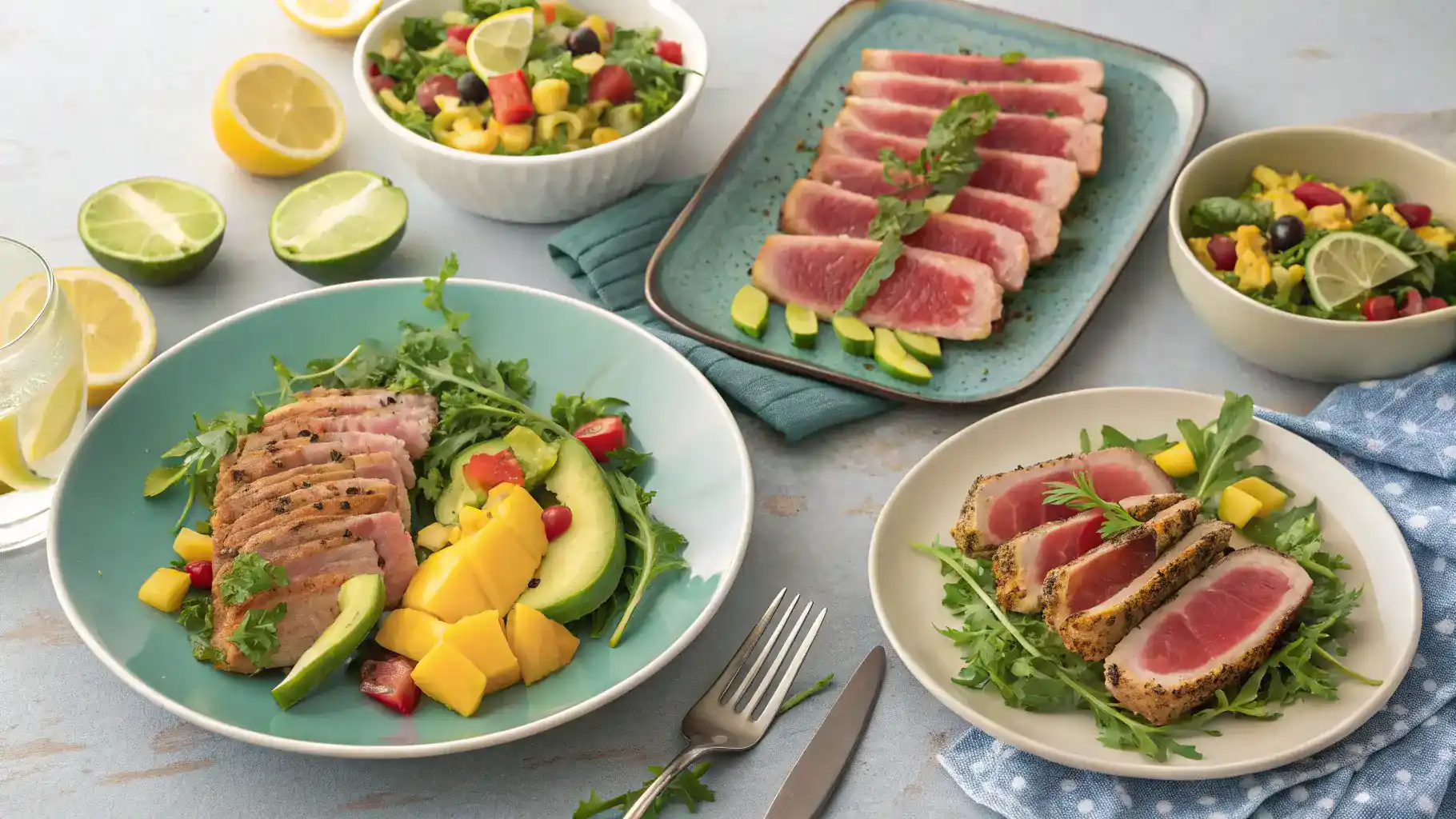 Serving suggestions for seared ahi tuna, including salads and garnishes.