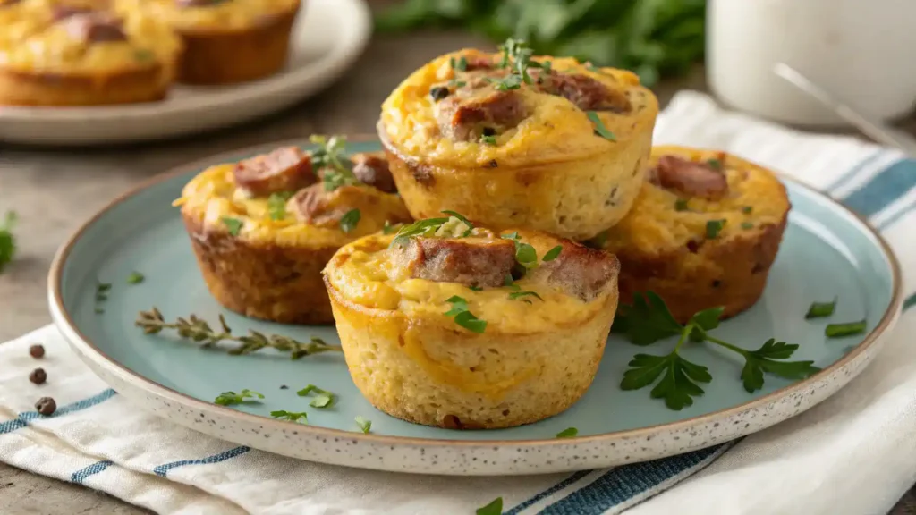 Freshly baked sausage and egg muffins served on a plate.