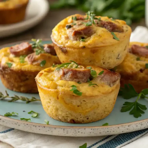 Freshly baked sausage and egg muffins served on a plate.