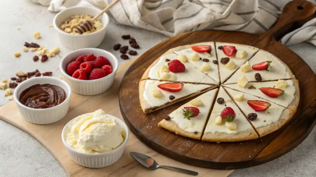 Serving suggestions for White Chocolate Brownie Pizza with toppings and sides.