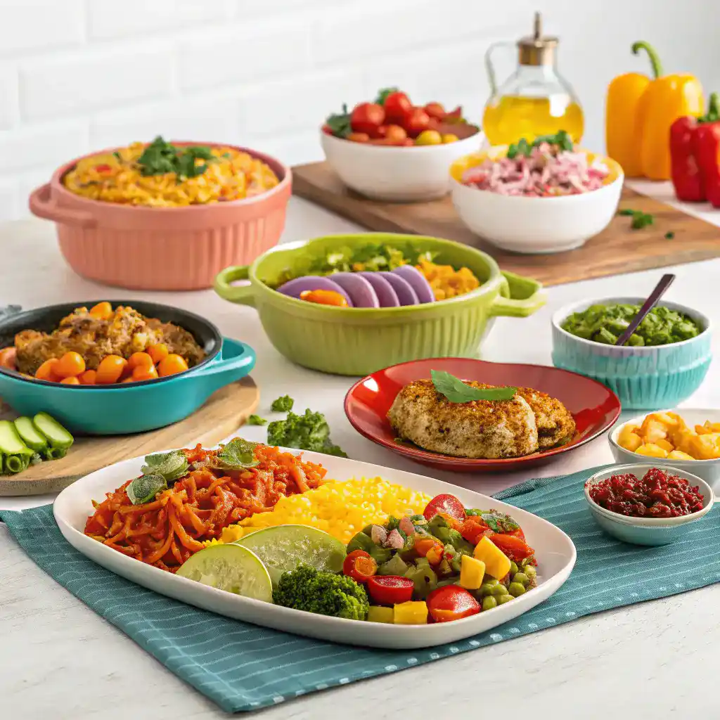 A colorful spread of dynamic dishes beautifully plated and ready to serve.