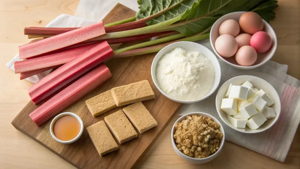 Ingredients for rhubarb cheesecake including fresh rhubarb, cream cheese, and sugar.
