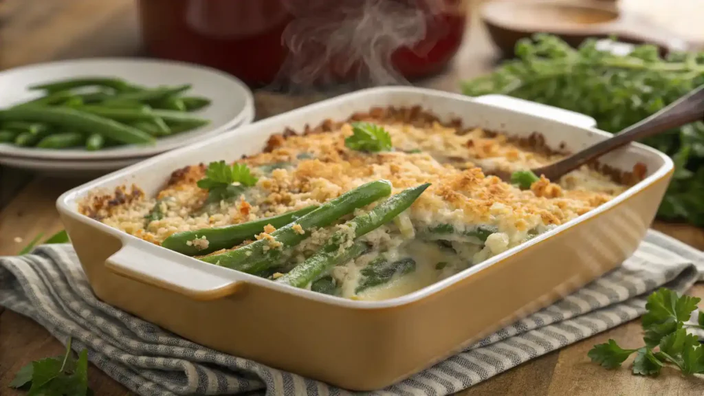 A beautifully baked Campbell Green Bean Casserole, golden and bubbling.