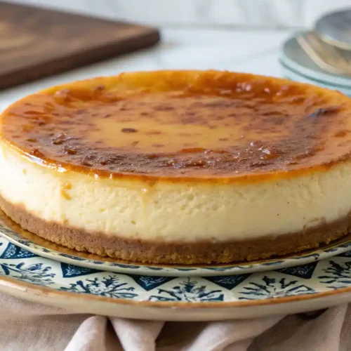 Create a stunning image of a finished Crème Brûlée Cheesecake, showcasing its caramelized top and creamy texture, set on a decorative plate.