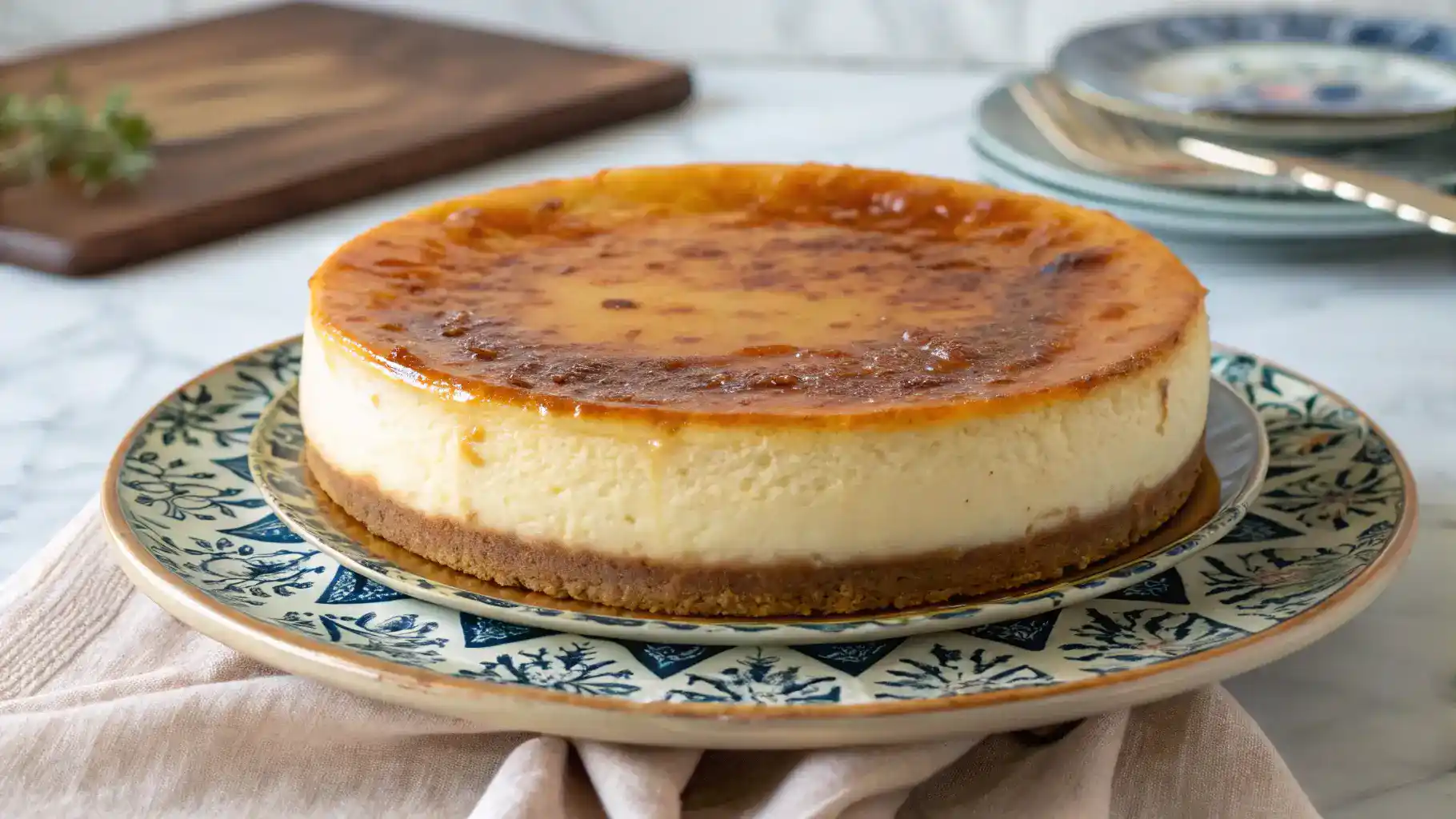 Create a stunning image of a finished Crème Brûlée Cheesecake, showcasing its caramelized top and creamy texture, set on a decorative plate.