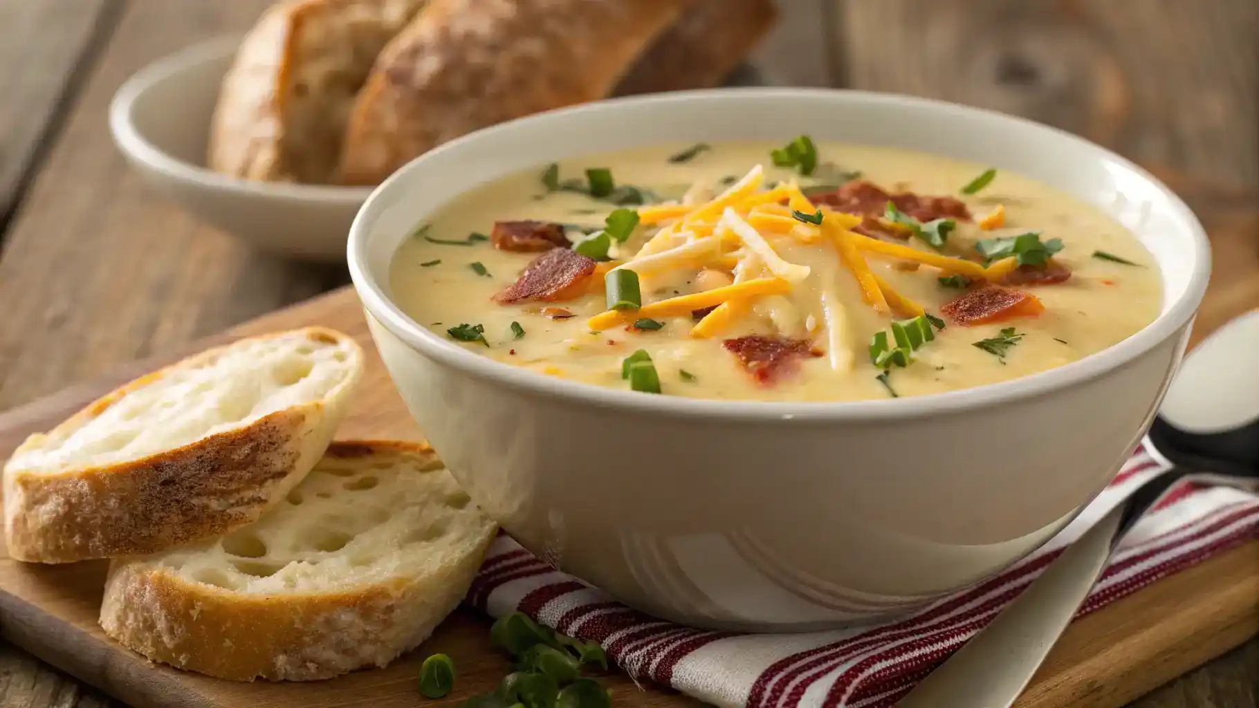 Create a cozy and inviting image of a bowl of Potato Cheese Soup garnished with chives and cheese, served with a slice of crusty bread on the side.