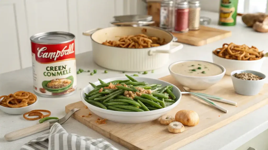 Ingredients and steps for making Campbell Green Bean Casserole laid out on a kitchen counter.