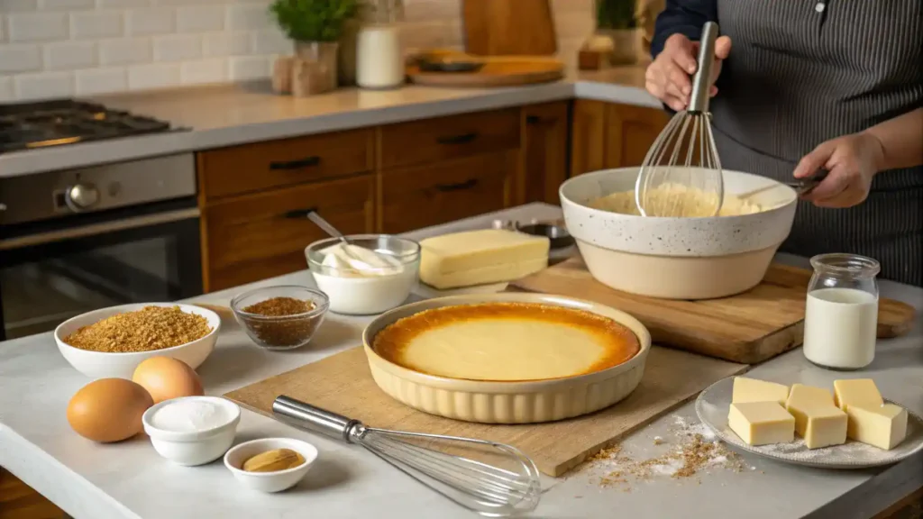 Step-by-step process of making Crème Brûlée Cheesecake with ingredients displayed.