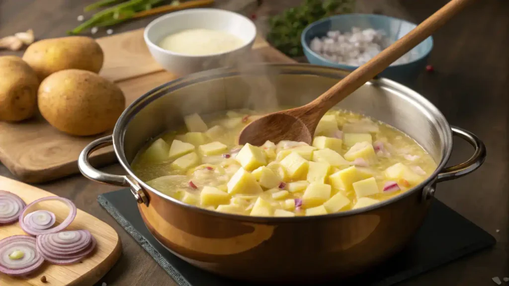 A pot of Potato Cheese Soup being prepared with diced potatoes, onions, and garlic.