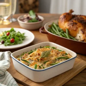 Serving suggestions for Campbell Green Bean Casserole with various sides.