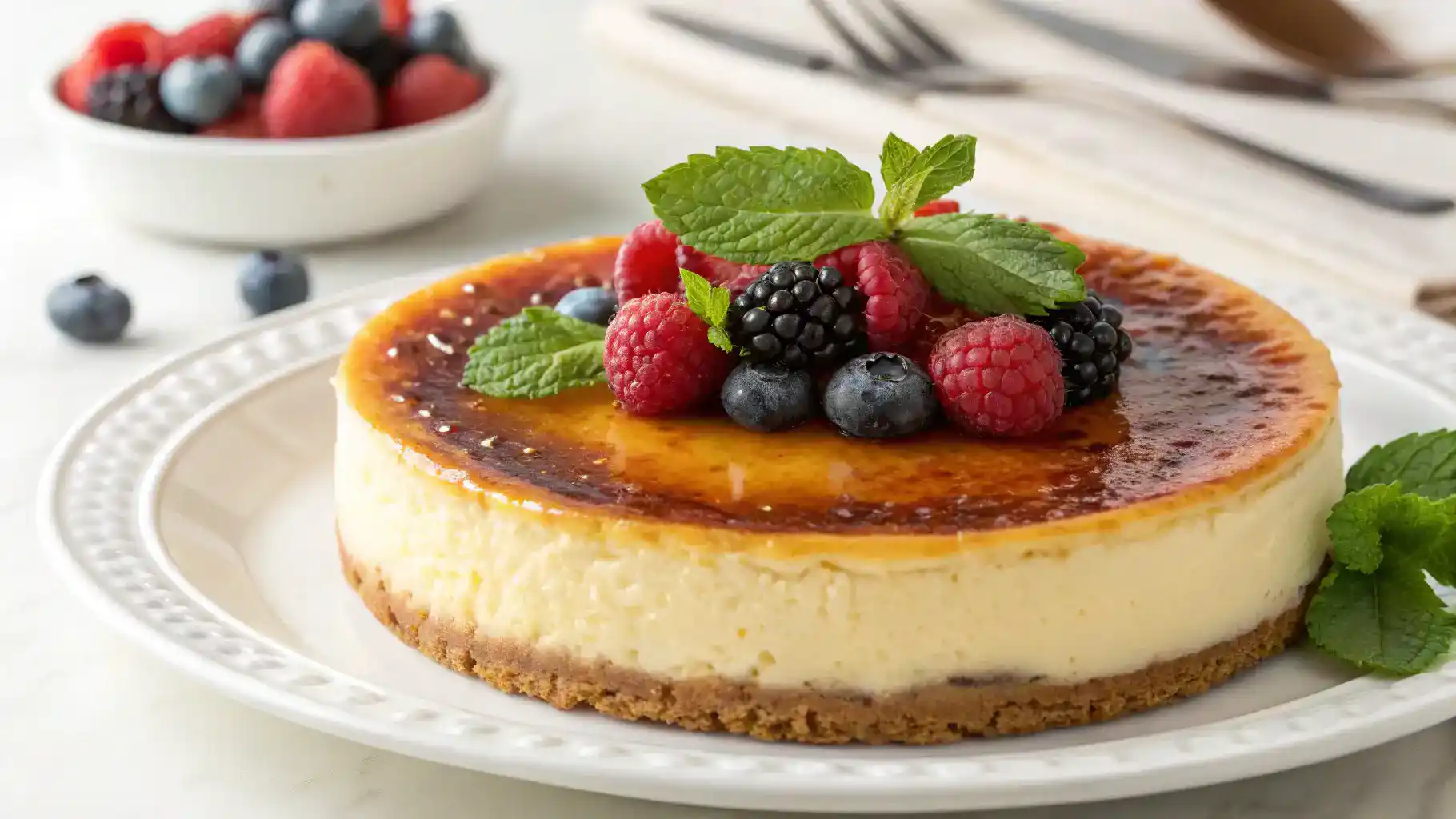Create an inviting image of a beautifully served Crème Brûlée Cheesecake, garnished with fresh berries and mint leaves.