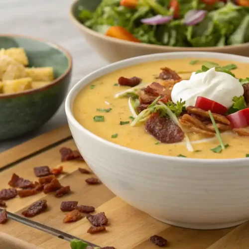Create an inviting image of a beautifully served bowl of Potato Cheese Soup with various garnishes like crispy bacon bits, chives, and a dollop of sour cream, alongside a side salad.