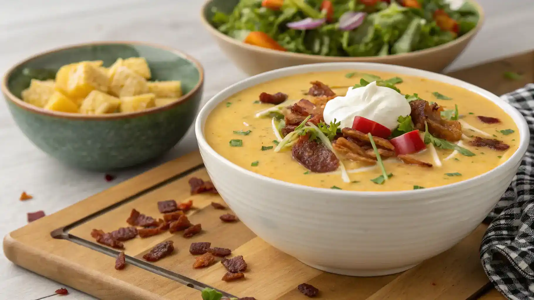 Create an inviting image of a beautifully served bowl of Potato Cheese Soup with various garnishes like crispy bacon bits, chives, and a dollop of sour cream, alongside a side salad.