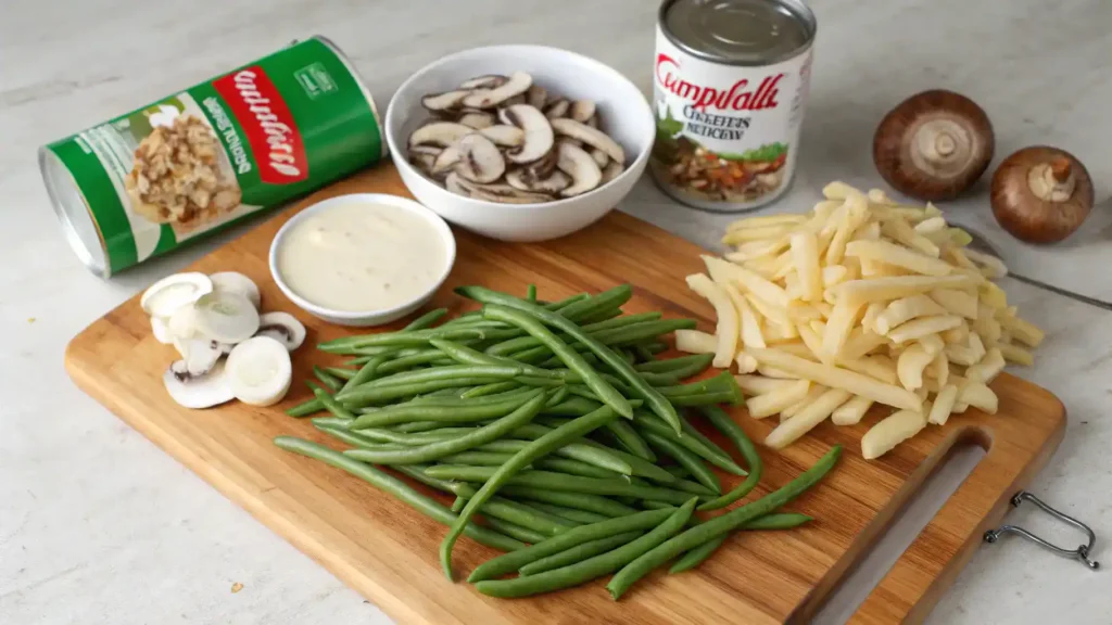 Ingredients for Campbell Green Bean Casserole displayed on a kitchen counter.