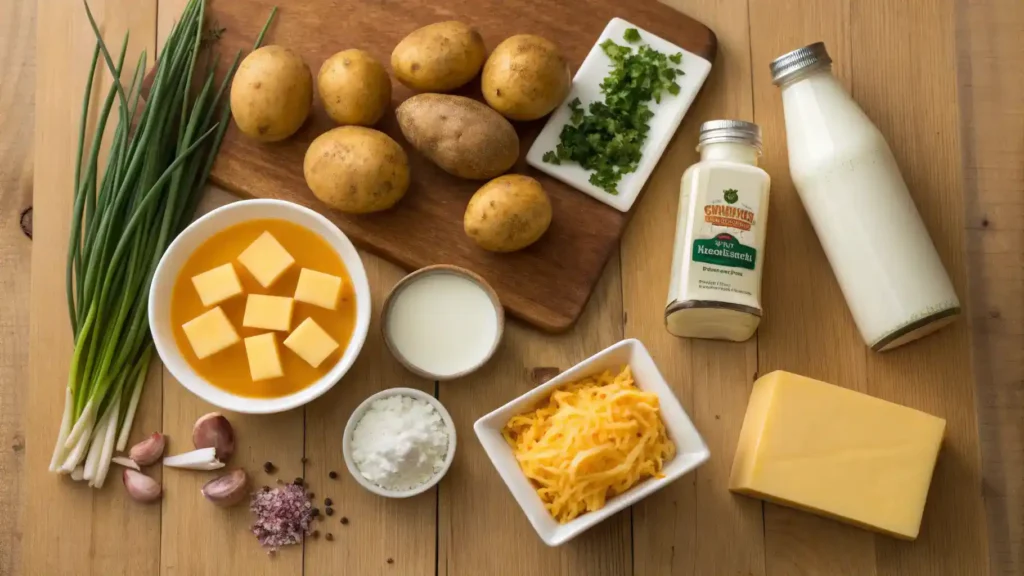 Ingredients for Potato Cheese Soup displayed on a kitchen counter.