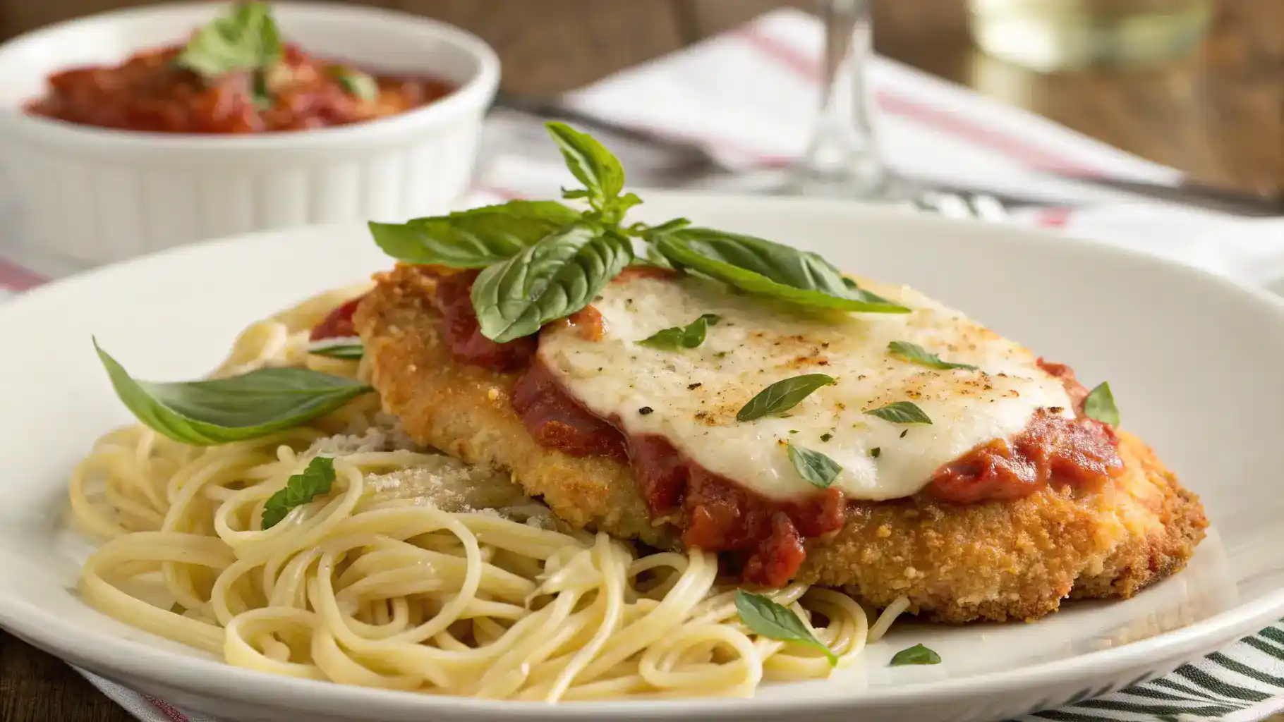 A delicious serving of Crispy Chicken Parmesan on a plate with pasta and fresh basil.