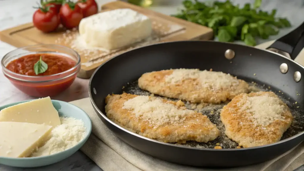 Step-by-step process of making Crispy Chicken Parmesan, including breading and frying chicken.