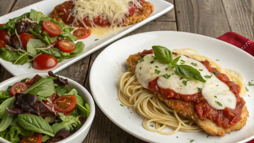 Serving suggestions for Crispy Chicken Parmesan with salads and pasta.