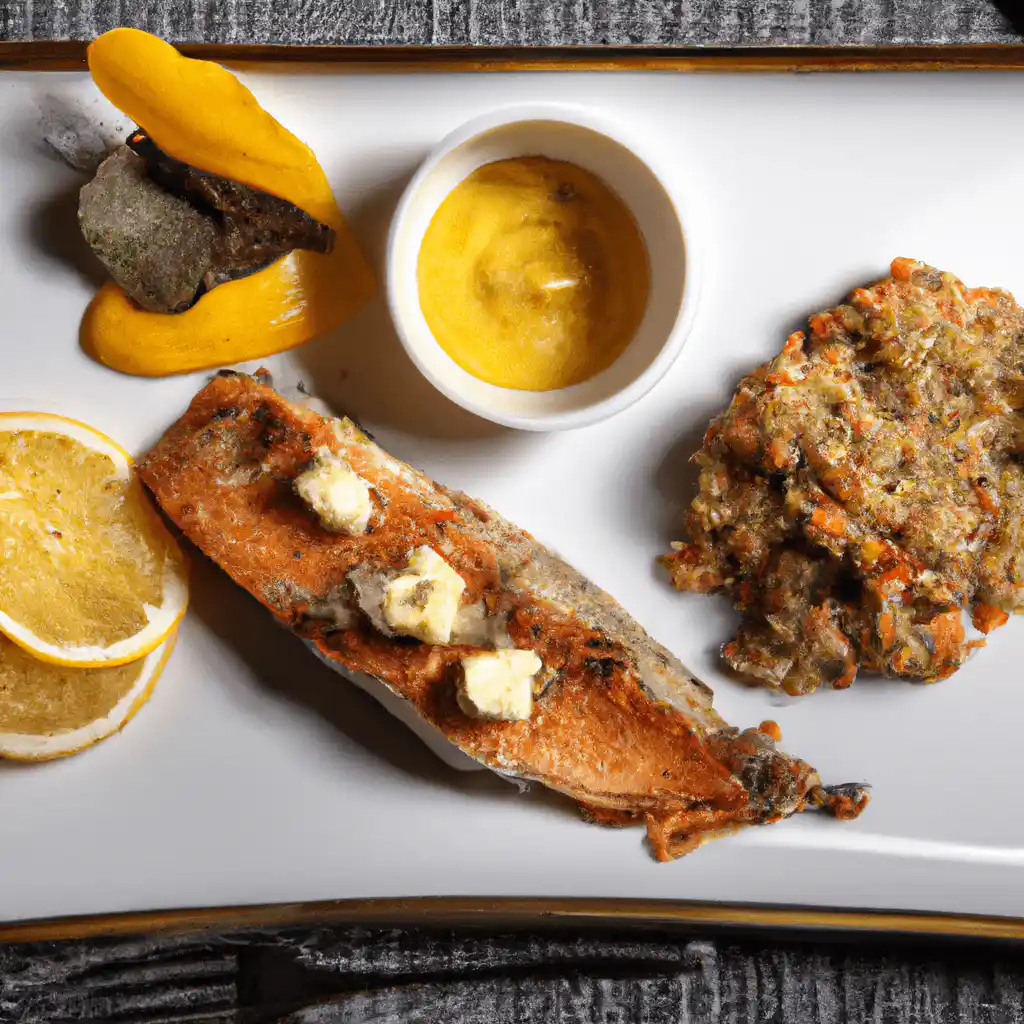 Speckled trout served on a dining table with various sides.