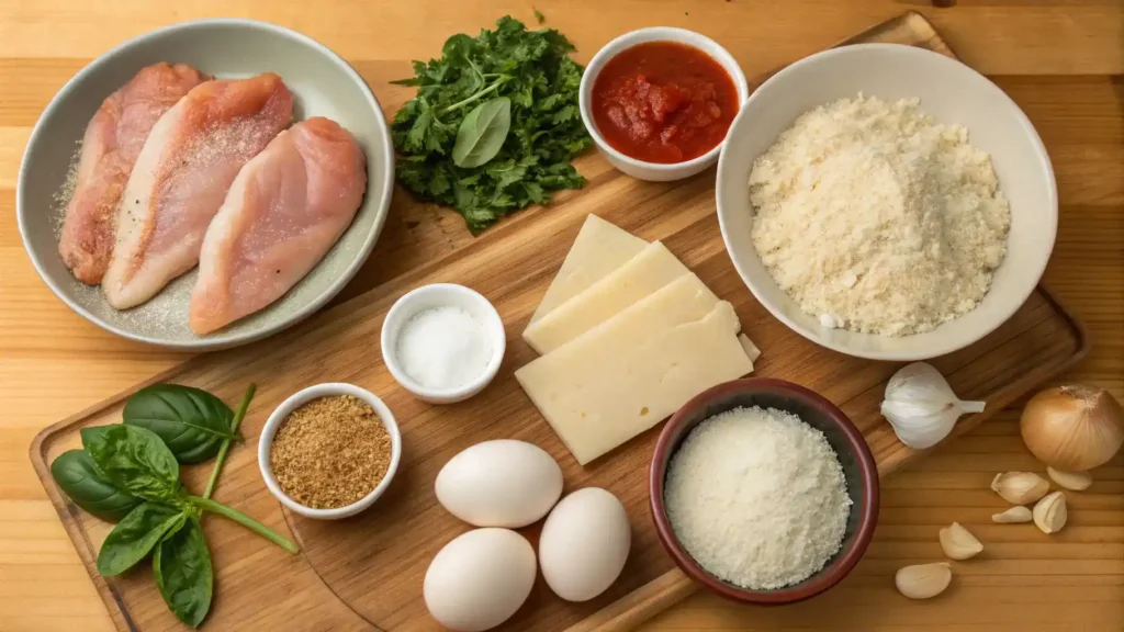 Ingredients for Crispy Chicken Parmesan including chicken breasts, breadcrumbs, Parmesan cheese, and herbs.