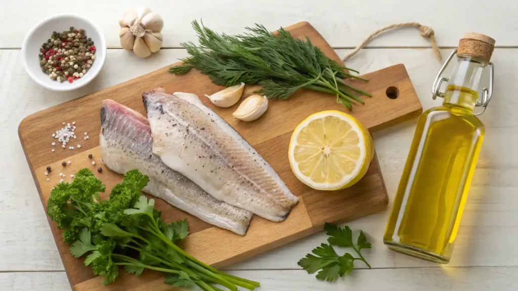 Ingredients for speckled trout recipe including fresh trout, olive oil, lemon, garlic, and herbs on a cutting board.