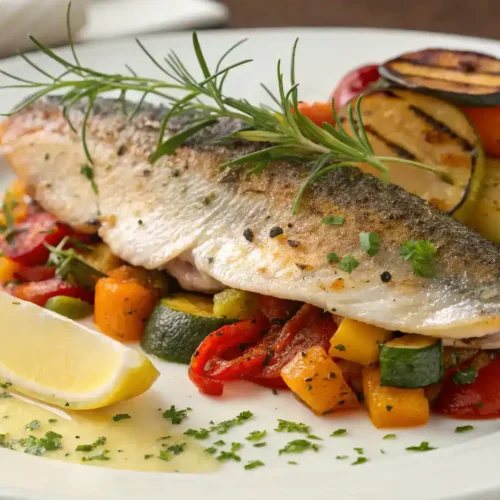 A beautifully plated speckled trout dish with colorful sides and garnishes.