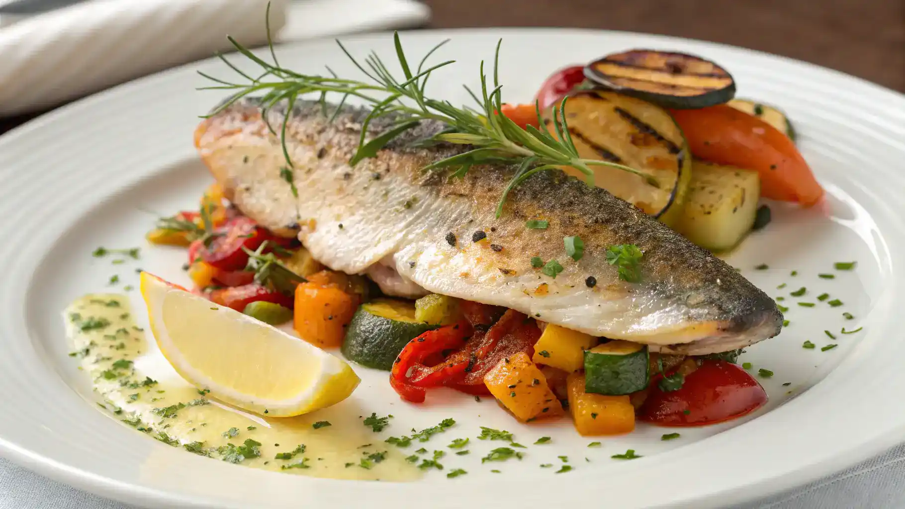 A beautifully plated speckled trout dish with colorful sides and garnishes.